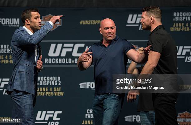Middleweight champion Luke Rockhold and Michael Bisping face off during the UFC 199: Press Conference at the Forum on June 2, 2016 in Inglewood,...