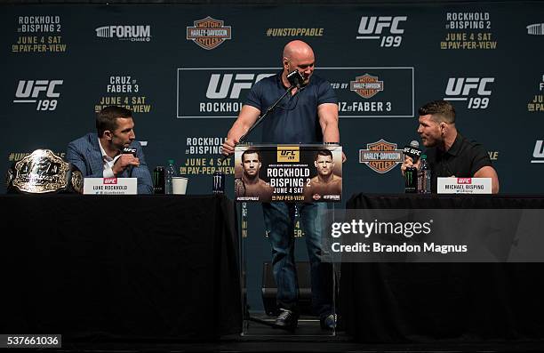 Middleweight champion Luke Rockhold and Michael Bisping speak to the media during the UFC 199: Press Conference at the Forum on June 2, 2016 in...