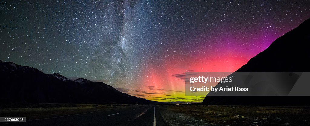 Beautiful Night Sky With Milky Way And Aurora, Panorama View