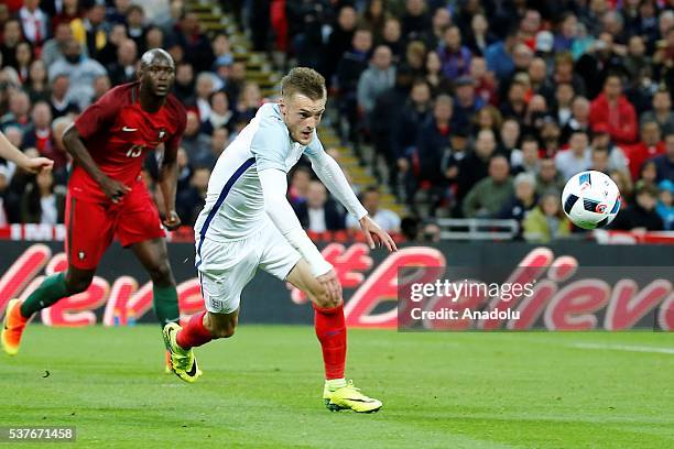 England's James Vardy in action during an international friendlies match between England and Portugal at Wembley Stadium on June 2, 2016 in London,...