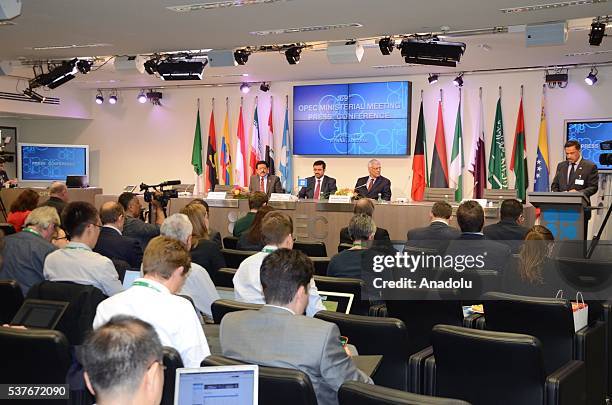 Minister of Energy and Industry of Qatar and President of the OPEC Conference, Mohammed Bin Saleh Al-Sada makes statements to the media during a...