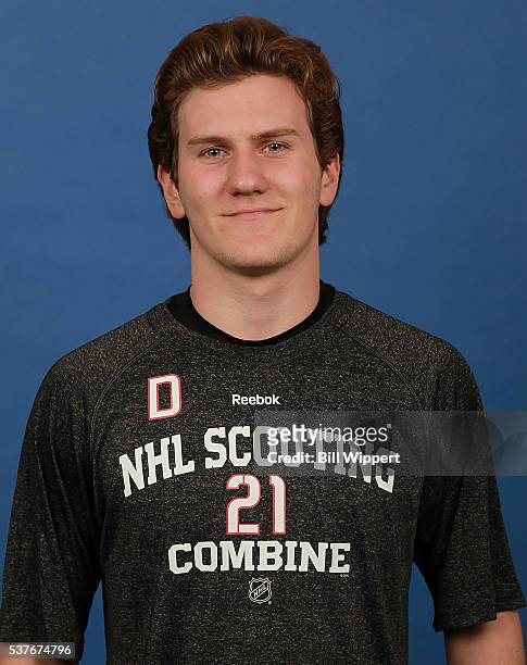 Adam Fox poses for a headshot at the 2016 NHL Combine on June 2, 2016 at Harborcenter in Buffalo, New York.