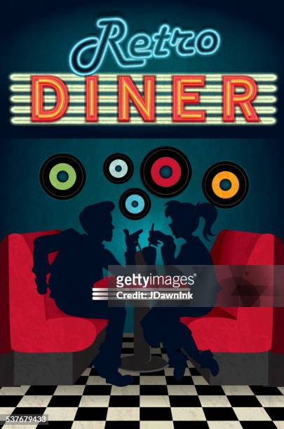 illustrations, cliparts, dessins animés et icônes de soirée au style rétro «diner» des années 1950 avec des silhouettes de gens scène - prendre son repas