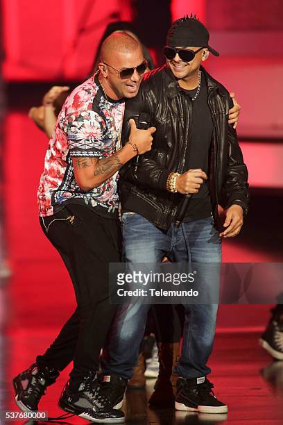 Rehearsal -- Pictured: Wisin and Sean Paul rehearse for the 2014 Billboard Latin Music Awards, from Miami, Florida at the BankUnited Center,...