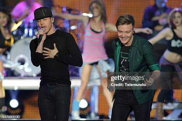 Rehearsal -- Pictured: Prince Royce and Michel Telo rehearses for the 2014 Billboard Latin Music Awards, from Miami, Florida at the BankUnited...