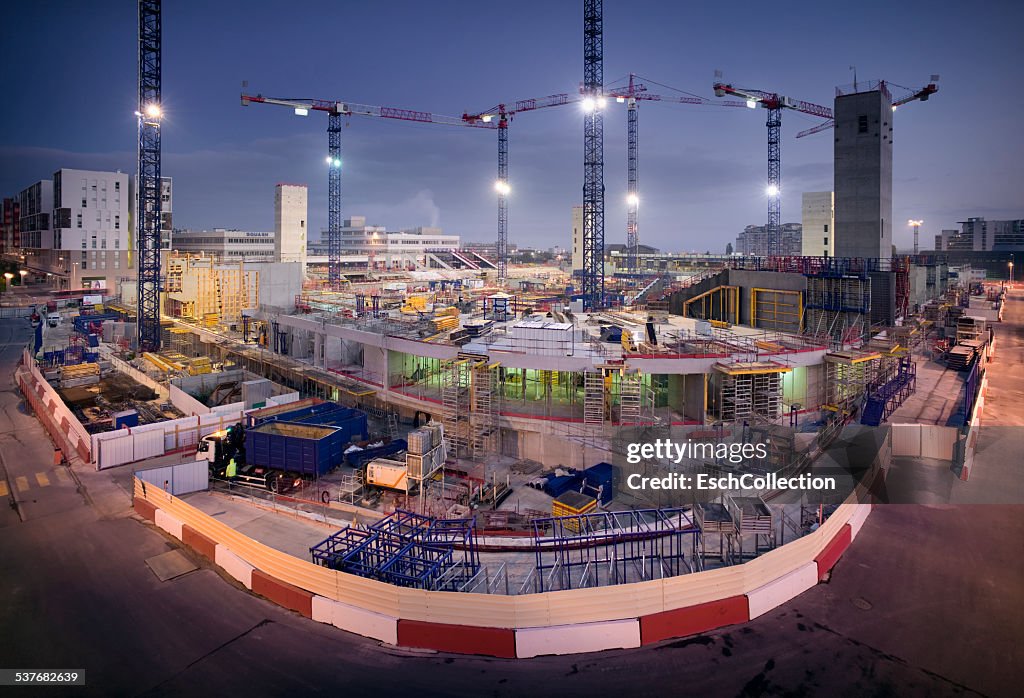 Dawn at construction site of new stadium in Paris