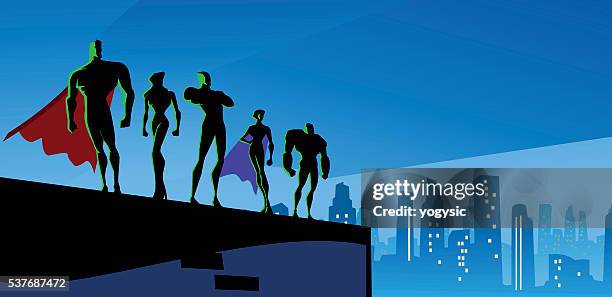 superhelden-silhouette in der großen stadt - industrie porträt stock-grafiken, -clipart, -cartoons und -symbole