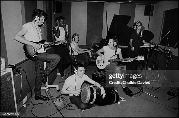 English ska revival band The Special AKA preparing for their third LP, 'In the Studio', in a rehearsal studio in North London, 1983. Left to right:...