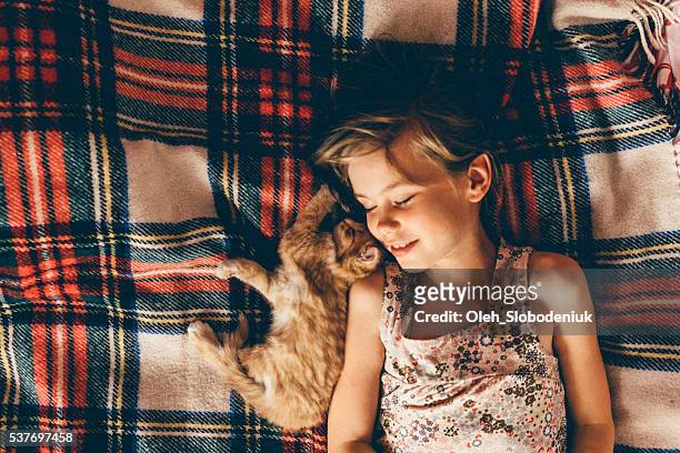 petite fille avec un petit chaton - cats on the bed photos et images de collection