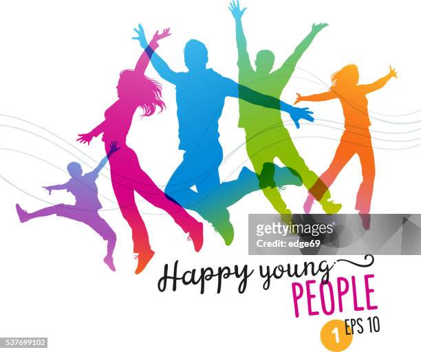 happy young people jumping for joy - woman leaping silhouette stock illustrations