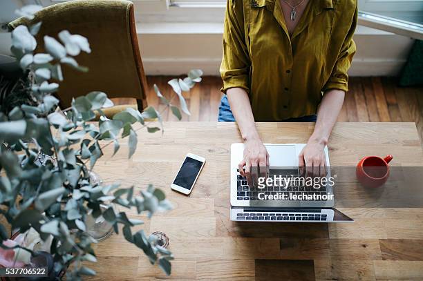 por encima de la imagen de una mujer blogger escribiendo en computadora portátil - overhead view fotografías e imágenes de stock