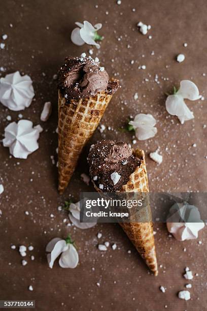 chocolate ice cream arrangement with flowers - chocolate ice cream cone stock pictures, royalty-free photos & images