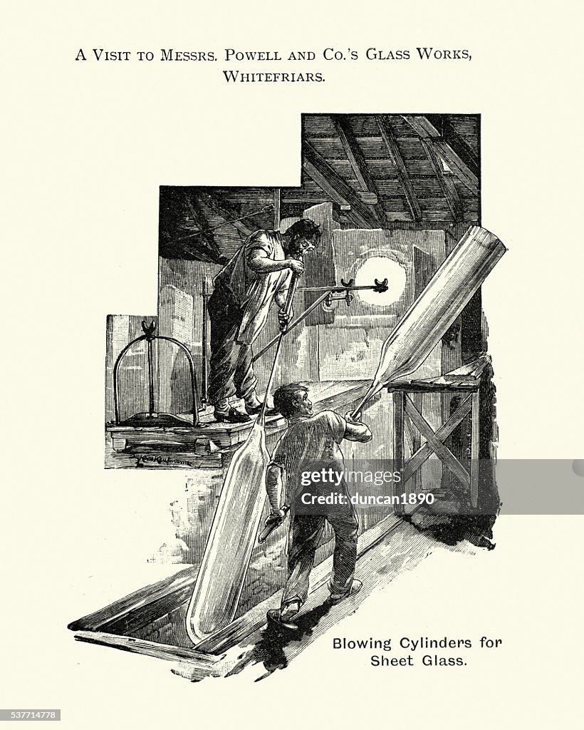 Victorian glassmakers blowing cylinders