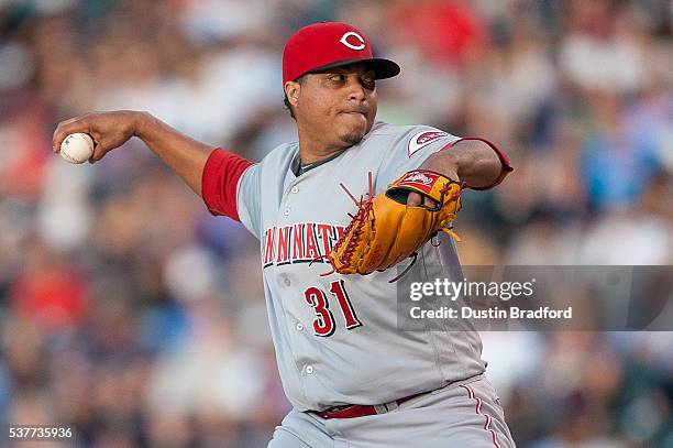 Alfredo Simon of the Cincinnati Reds pitches against the Colorado Rockies during a game at Coors Field on June 2, 2016 in Denver, Colorado.