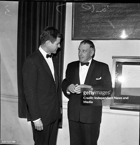American Attorney General Ted Kennedy speaks with Taoiseach Sean Lemass during the former's state visit, Ireland, May 29, 1964.