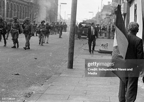 British Army troops patrol the streets after being deployed to end the Battle of the Bogside, Derry, Northern Ireland, August 15, 1969. The conflict,...