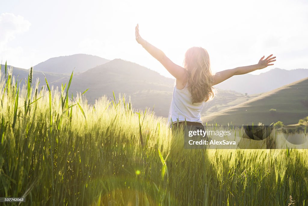 Young beautiful woman with hands raised in the wheat field