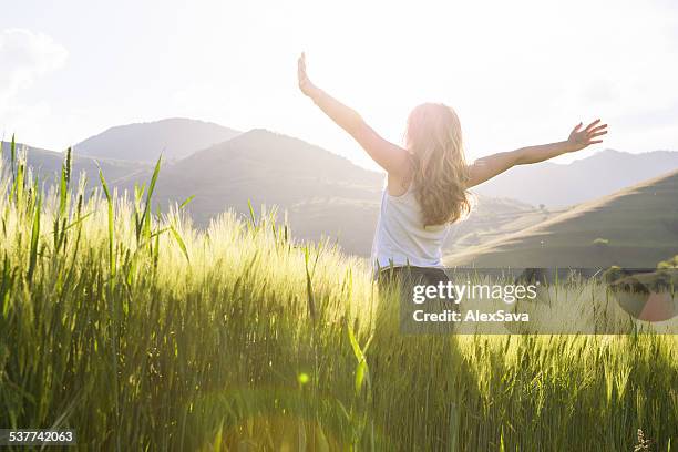 young beautiful woman with hands raised in the wheat field - women suffrage stock pictures, royalty-free photos & images