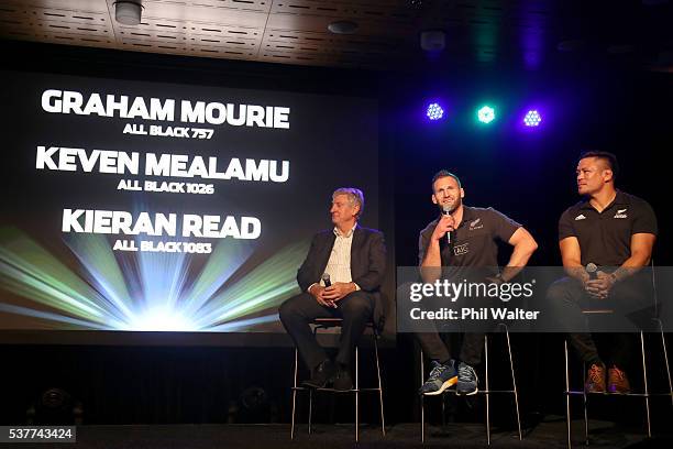 Graham Mourie, Kieran Read and Keven Mealamu speak on stage during the One Year to Go event at Eden Park ahead of the British & Irish Lions tour of...