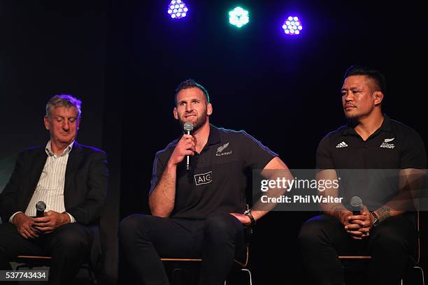 Graham Mourie, Kieran Read and Keven Mealamu speak on stage during the One Year to Go event at Eden Park ahead of the British & Irish Lions tour of...