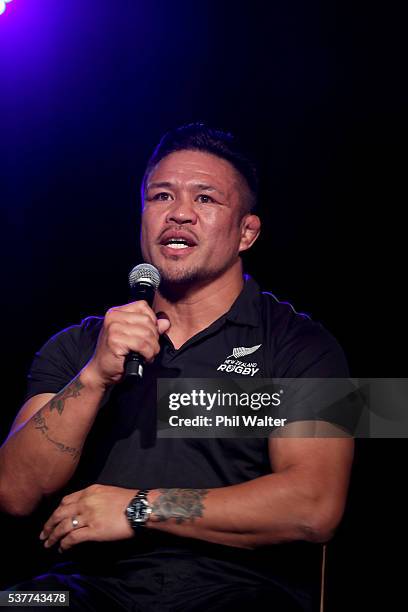 Former All Black Keven Mealamu speaks on stage during the One Year to Go event at Eden Park ahead of the British & Irish Lions tour of New Zealand on...
