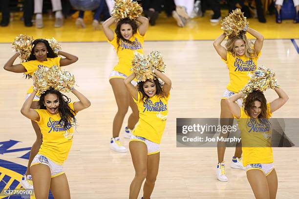 The Golden State Warriors dance team are seen against the Cleveland Cavaliers in Game One of the 2016 NBA Finals on June 2, 2016 at ORACLE Arena in...