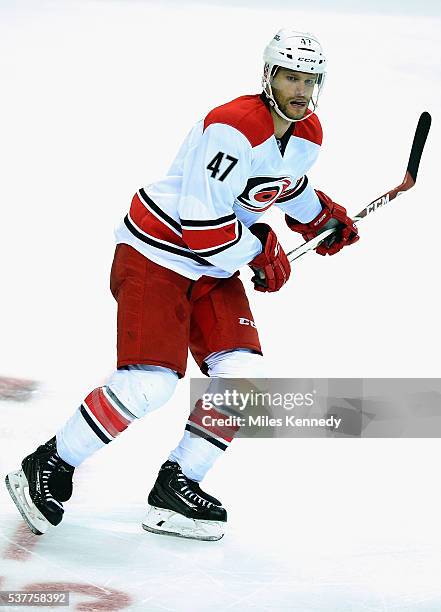 Michal Jordan of the Carolina Hurricanes plays in the game against the Washington Capitals at Verizon Center on October 17, 2015 in Washington, DC.