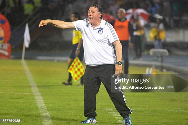 Ruben Israel coach of Millonarios gives instructions during a first leg match between Junior and Millonarios as part of quarter finals of Liga Aguila...