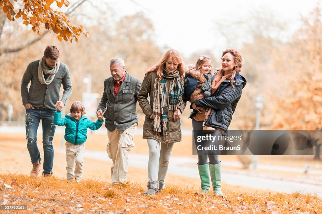 Extended family walking in the park.