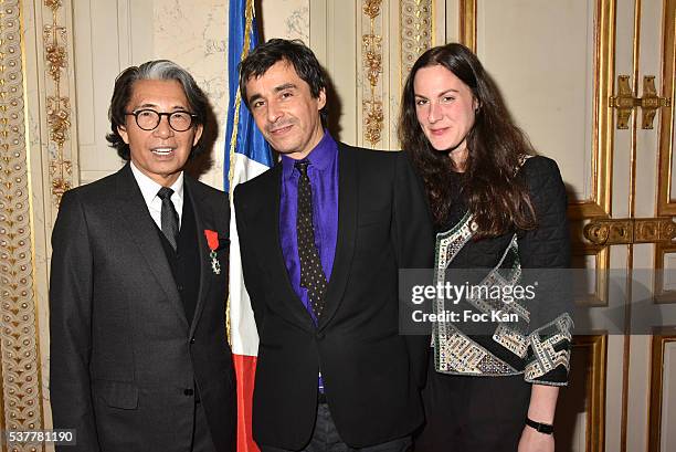 Kenzo Takada, Ariel Wizman and Osnath Assayag attend as Kenzo Takada receives the Medal of Chevalier de La Legion d'Honneur at Conseil...