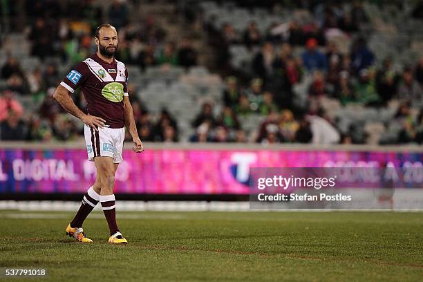 Brett Stewart of the Sea Eagles during the round 13 NRL match between the Canberra Raiders and the Manly Sea Eagles at GIO Stadium on June 3, 2016 in...