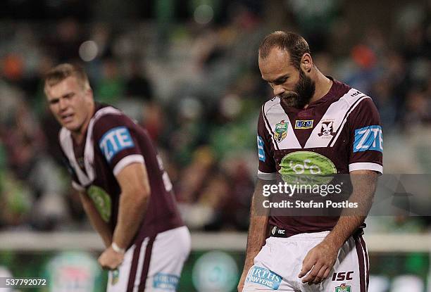 Brett Stewart of the Sea Eagles during the round 13 NRL match between the Canberra Raiders and the Manly Sea Eagles at GIO Stadium on June 3, 2016 in...