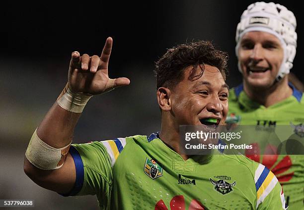 Josh Papalii of the Raiders celebrates after scoring a try during the round 13 NRL match between the Canberra Raiders and the Manly Sea Eagles at GIO...