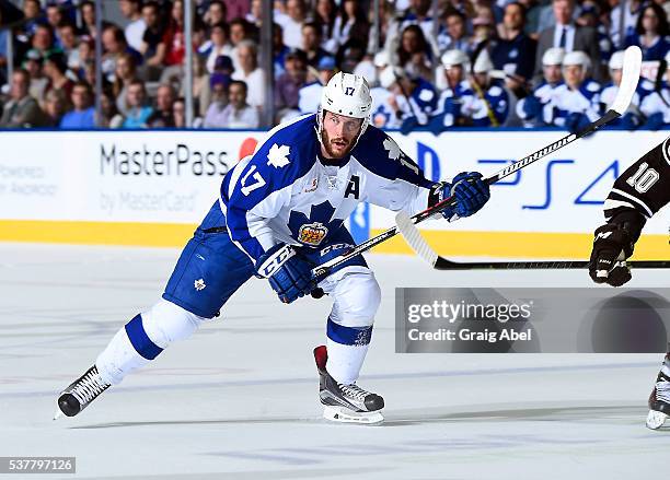 Richard Clune of the Toronto Marlies skates up ice against the Hershey Bears during AHL Eastern Conference Final playoff game action on May 29, 2016...