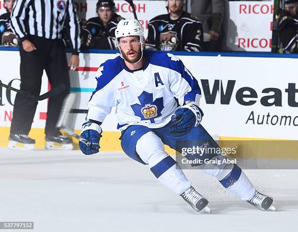 Richard Clune of the Toronto Marlies turns up ice against the Hershey Bears during AHL Eastern Conference Final playoff game action on May 29, 2016...