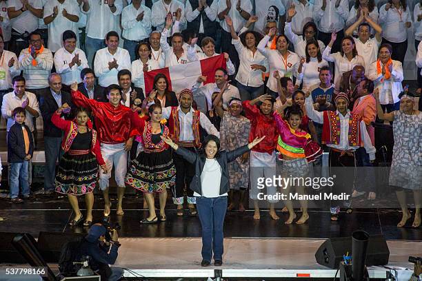 Keiko Fujimori, Presidential Candidate for Fuerza Popular smiles during her closing campaign rally at Villa el Salvador on June 02, 2016 in Lima,...