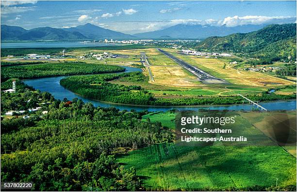 cairns airport, aerial view, queensland, australia. - airport aerial stock pictures, royalty-free photos & images