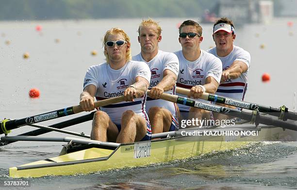 British rowers Andrew Triggs Hodge, Alex Partridge, Peter Reed, and Steve Williams compete in the men's four semi-final at the World Rowing...