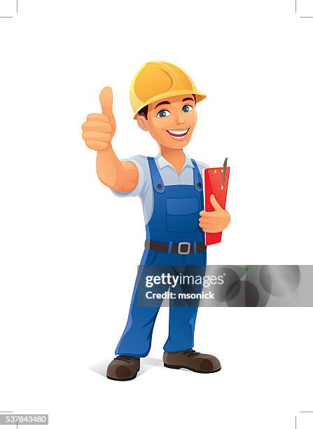 ilustraciones, imágenes clip art, dibujos animados e iconos de stock de constructor con botón pulgar levantado - building contractor