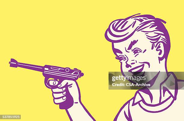 boy aiming gun - handgun stock illustrations