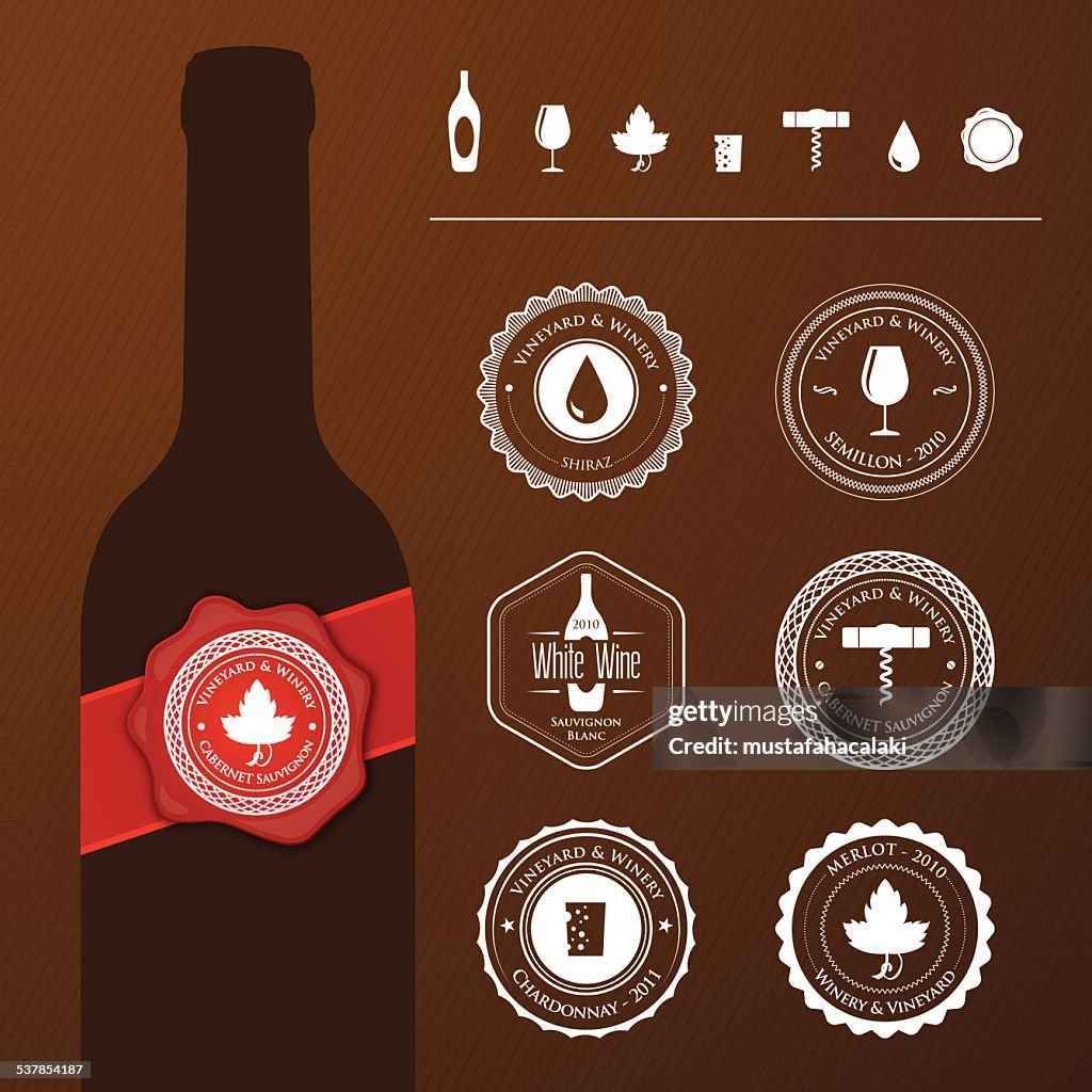 Bouteille de vin avec timbres et icônes