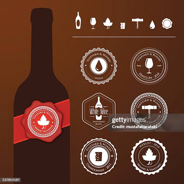 ilustrações, clipart, desenhos animados e ícones de garrafa de vinho com selos e ícones - zinfandel grape