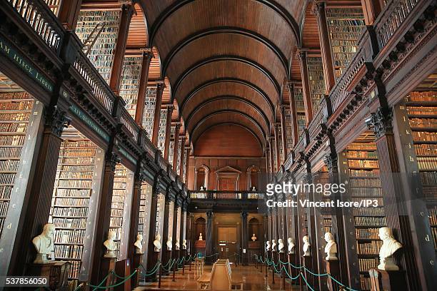 General view of the Long Room in the Trinity College Library, the largest library in Ireland on April 19, 2016 in Dublin, Ireland. Illustrative...