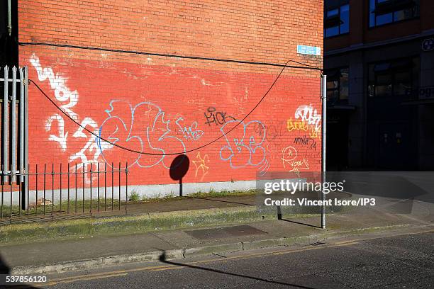 General view of a Graffiti painted on a brick wall of downtown on April 20, 2016 in Dublin, Ireland. Illustrative picture of the Irish capital city...