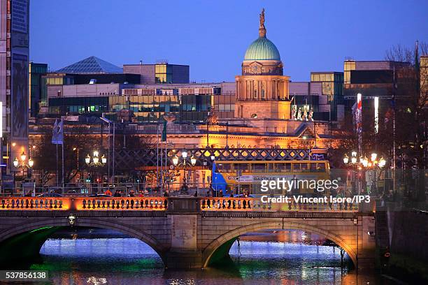 River Liffey in foreground and the Custom House dome as background pictured at dusk on April 20, 2016 in Dublin, Ireland. Illustrative picture of the...