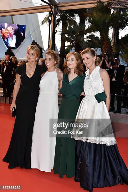 Virginie Efira, Alice Isaaz, Isabelle Huppert and Anne Consigny attend the 'Elle' Premiere during the 69th annual Cannes Film Festival at the Palais...
