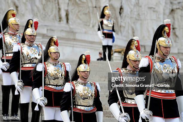 Regiment cuirassiers take part in the celebration and military parade for the 70th anniversary of the Italian Republic, on June 2, 2016 in Rome,...