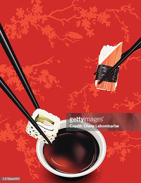 sushi template or background with sakura and soy sauce - futomaki stock illustrations