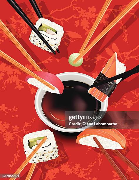 eating sushi background with sakura and chopsticks - japanese food stock illustrations