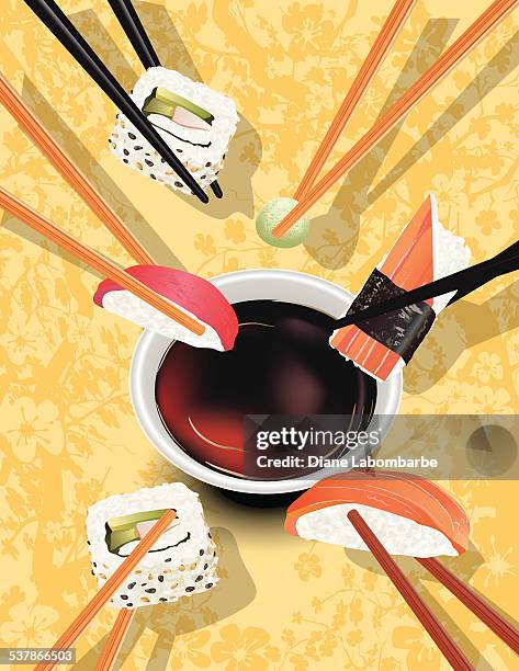 eating sushi background with sakura and chopsticks - japanese food stock illustrations